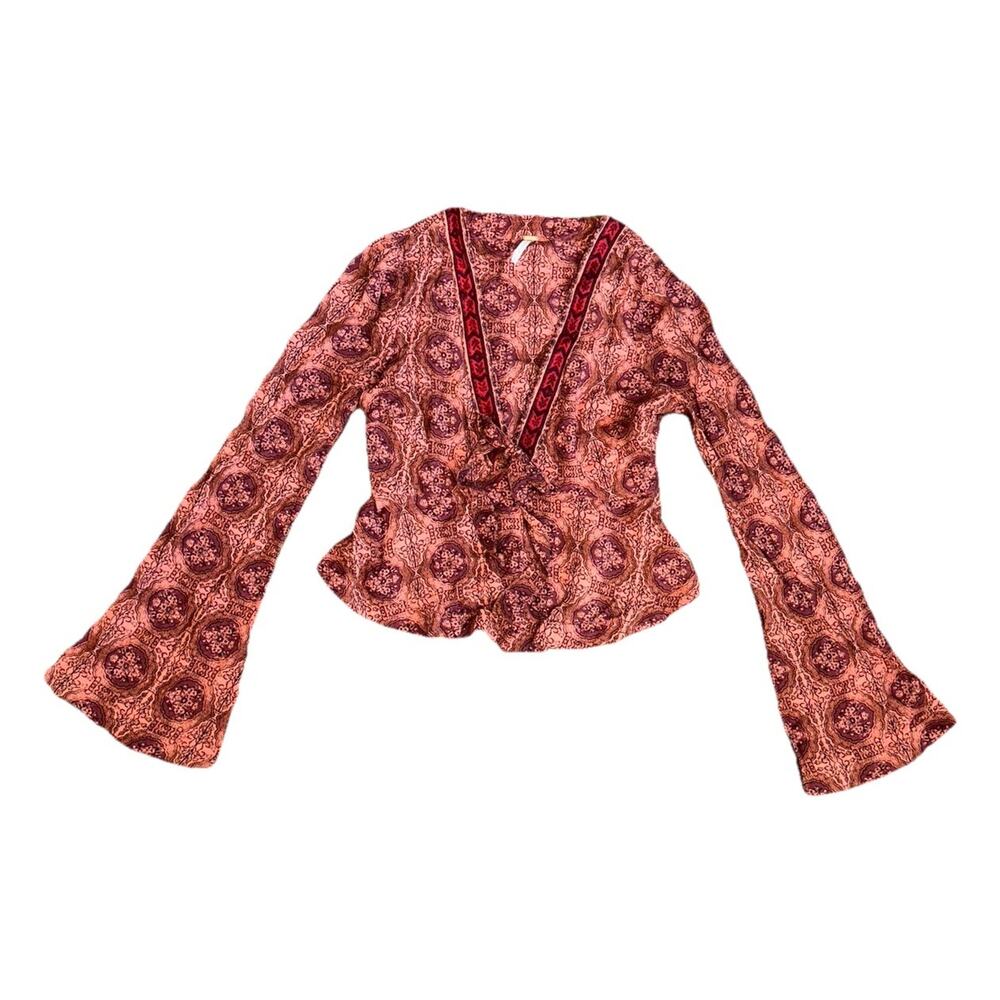 Free People Coastal Cowgirl Top Boho Flare Sleeve Shirt XS Red Pink Tie Front